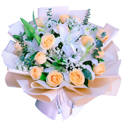 河池16朵香槟玫瑰2支百合，爱的温暖和幸福