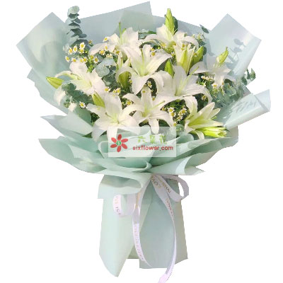 河池6支白色多头百合，温馨的祝福