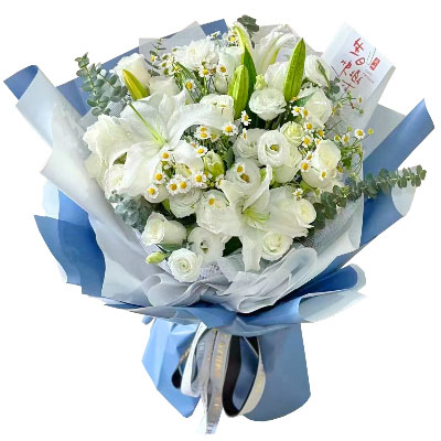河池11朵白玫瑰桔梗百合，爱永恒不息