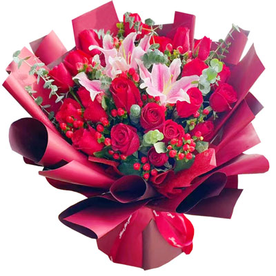 河池22朵红玫瑰百合,爱的火焰
